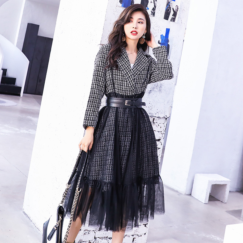 2018秋冬裝新款女裝韓版chic中長款大衣網紗拼接毛呢外套連衣裙女