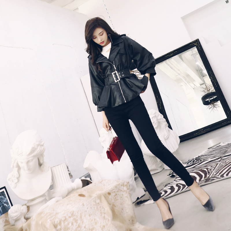 名媛氣質歐洲站2018秋新款皮衣收腰外套夾克牛仔小腳九分褲子套裝