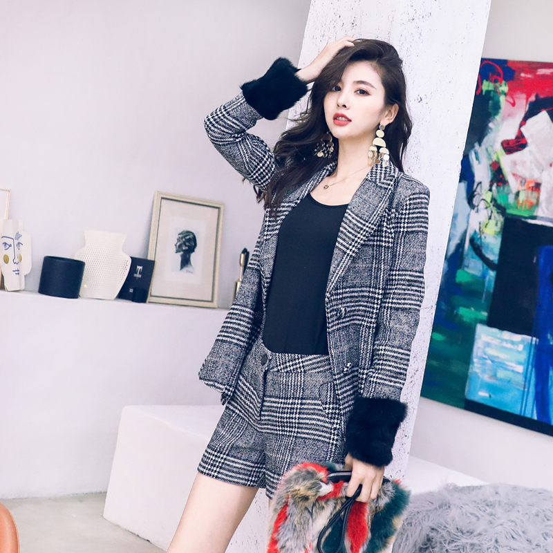 名媛氣質2018新款英倫風OL西裝短褲套裝秋格子小西服外套兩件套女