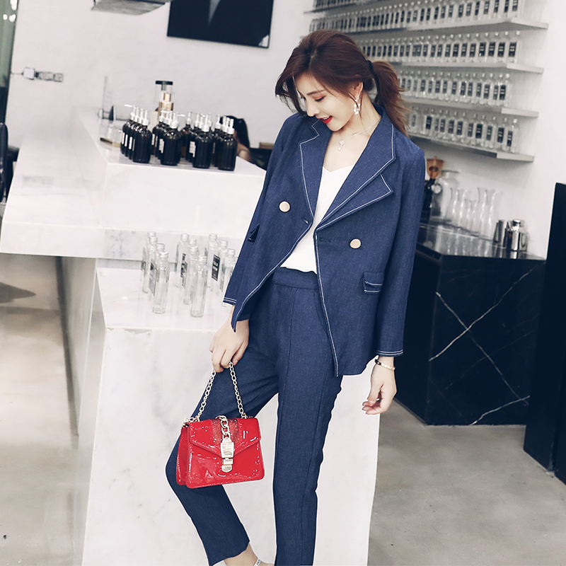 S秀2018夏季新款時尚氣質兩件套顯瘦西裝領上衣女職業休閑套裝女