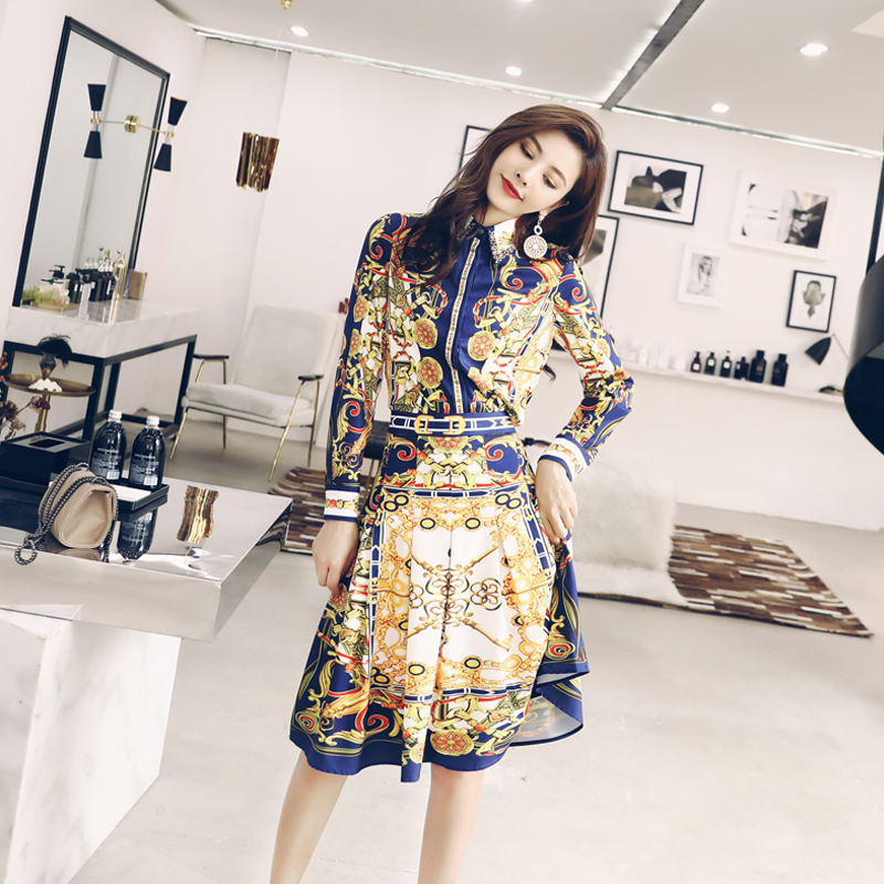 名媛氣質2018秋季女套裝新款長袖印花襯衫高腰修身百褶半裙兩件套