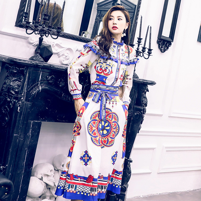 名媛氣質2018秋新款時髦襯衫高腰顯瘦洋氣復古印花裙子長款連衣裙