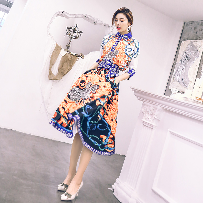 歐洲站秋裝女2018新款女裝印花襯衫半身裙套裝裙初秋兩件套連衣裙