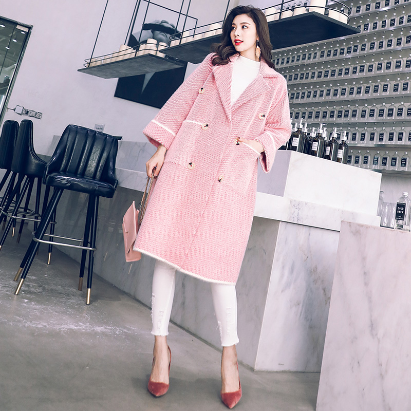 毛呢外套女中長款韓版2018新款秋冬條紋加厚過膝網紅寬松呢子大衣