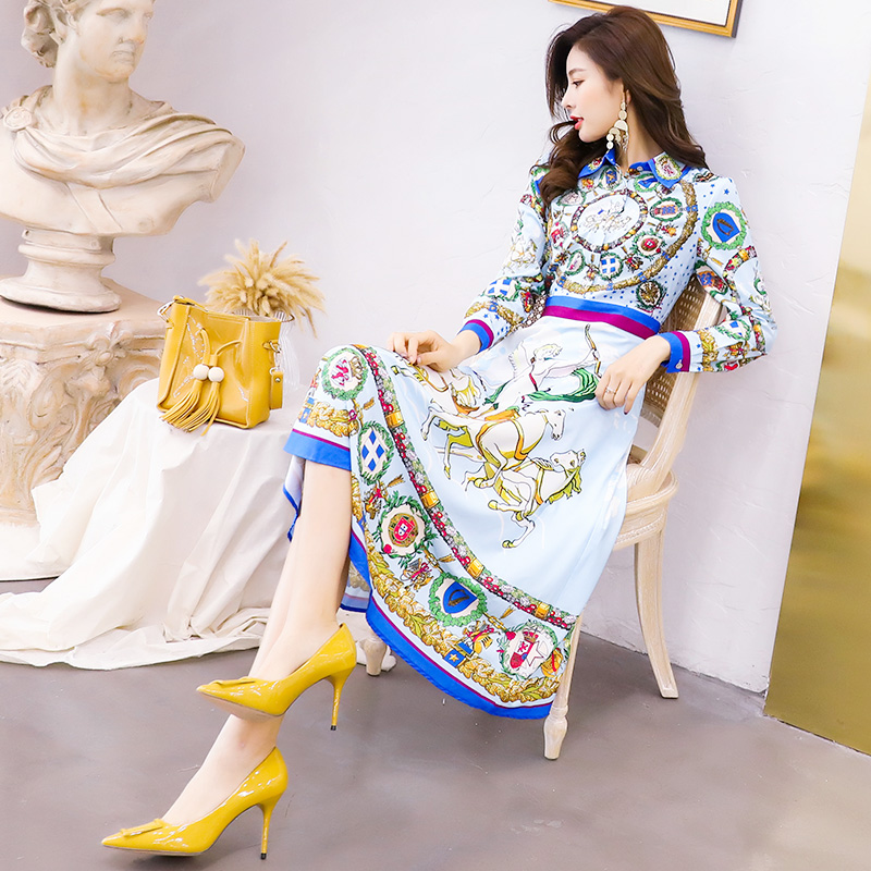 S秀淑女氣質2018秋季新款九分袖高腰印花連衣裙時尚潮