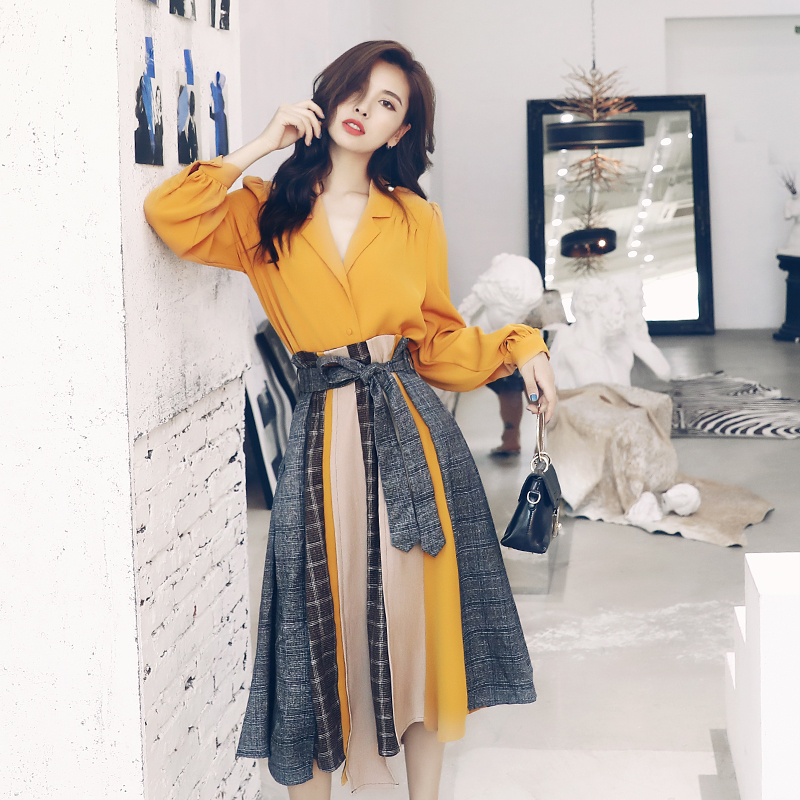 秋季新款長袖襯衫上衣名媛氣質高腰顯瘦拼接中長款半身裙時尚套裝