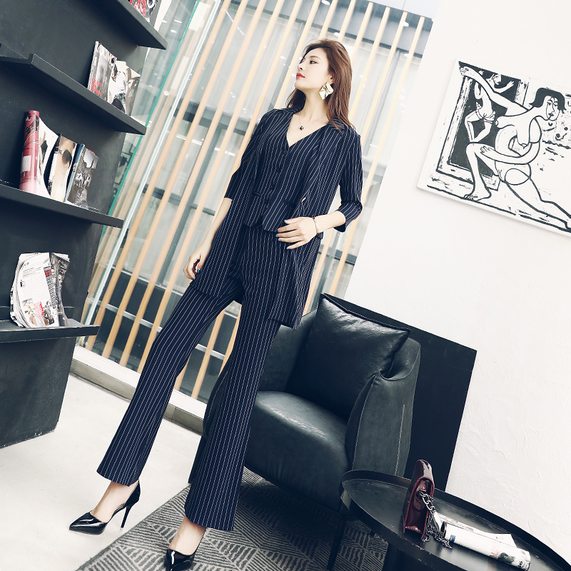 時尚女裝條紋套裝女2018秋季新款韓版修身顯瘦氣質小馬甲三件套