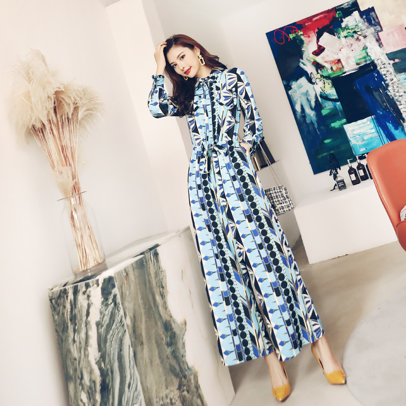 名媛氣質18秋季新款修身系帶闊腿褲時尚印花收腰個性網紅連體褲女