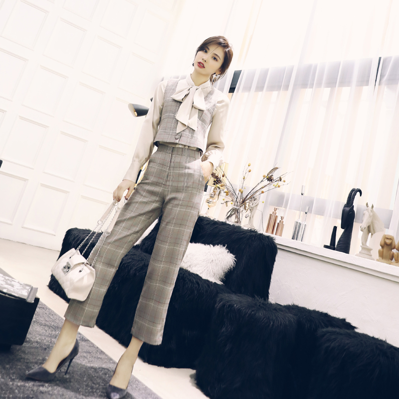 秋季套裝女時尚氣質名媛時髦襯衫格子西裝馬甲休閑長褲網紅三件套