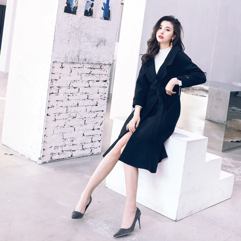 名媛氣質2018直筒大衣秋冬季新款女裝中長款毛呢純色西裝領外套