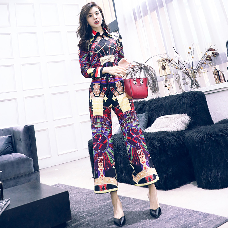 名媛時尚外套九分褲兩件套2018秋冬裝新款氣質印花休閑套裝女