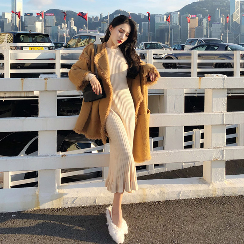 2018新款寬松厚毛衣開衫女學生長袖針織外套包芯紗長袖連衣裙套裝