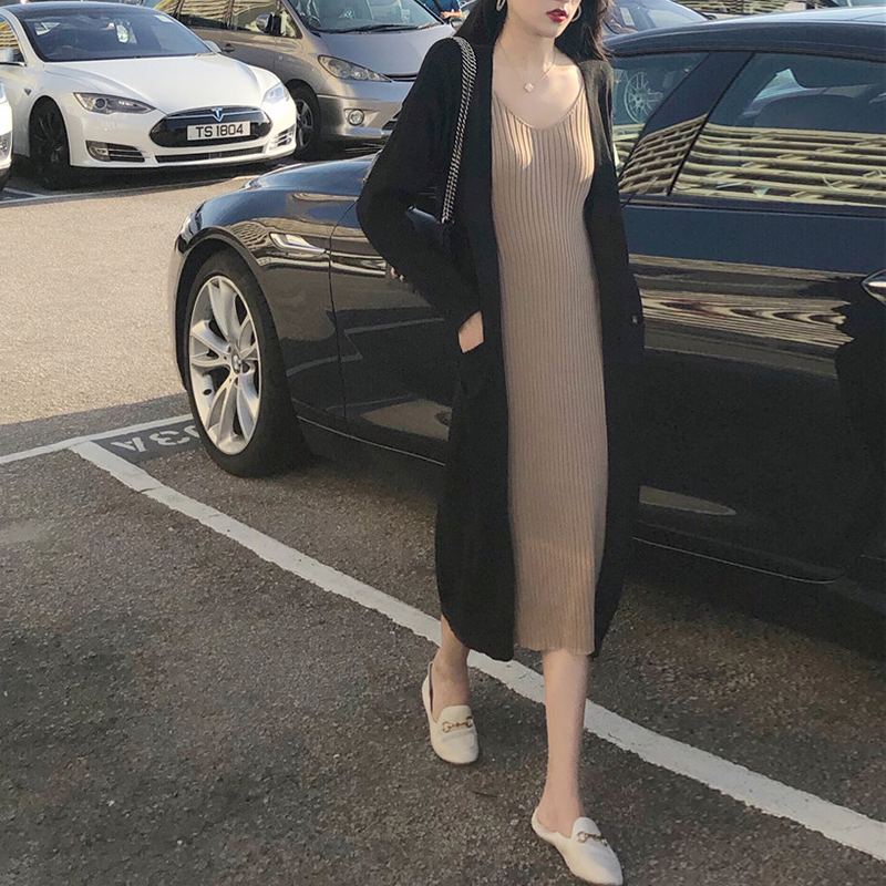 慵懶中長款加厚寬松毛衣外套針織開衫外搭吊帶修身顯瘦針織連衣裙