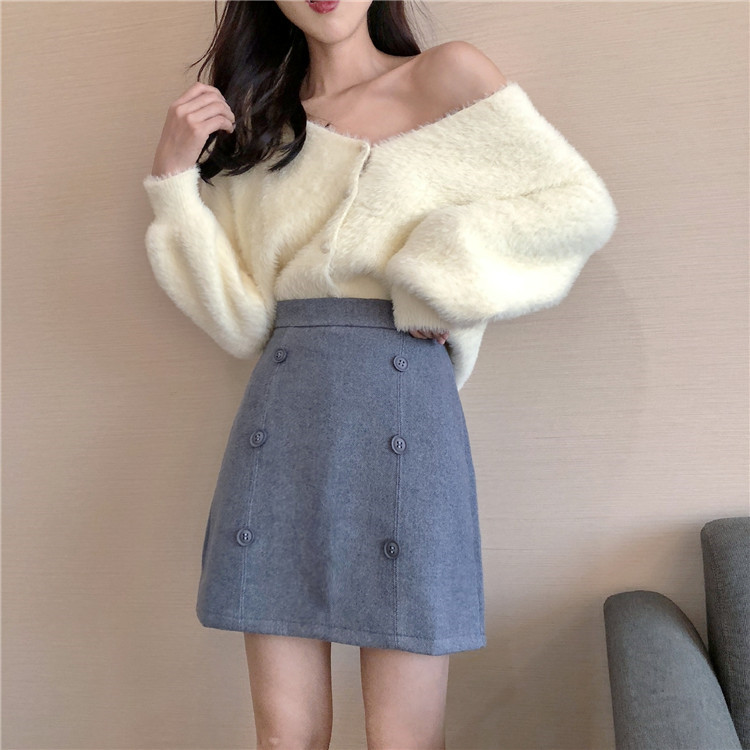 裙子女新款韓版chic港味復古雙排扣純色厚毛呢內襯高腰A字半身裙