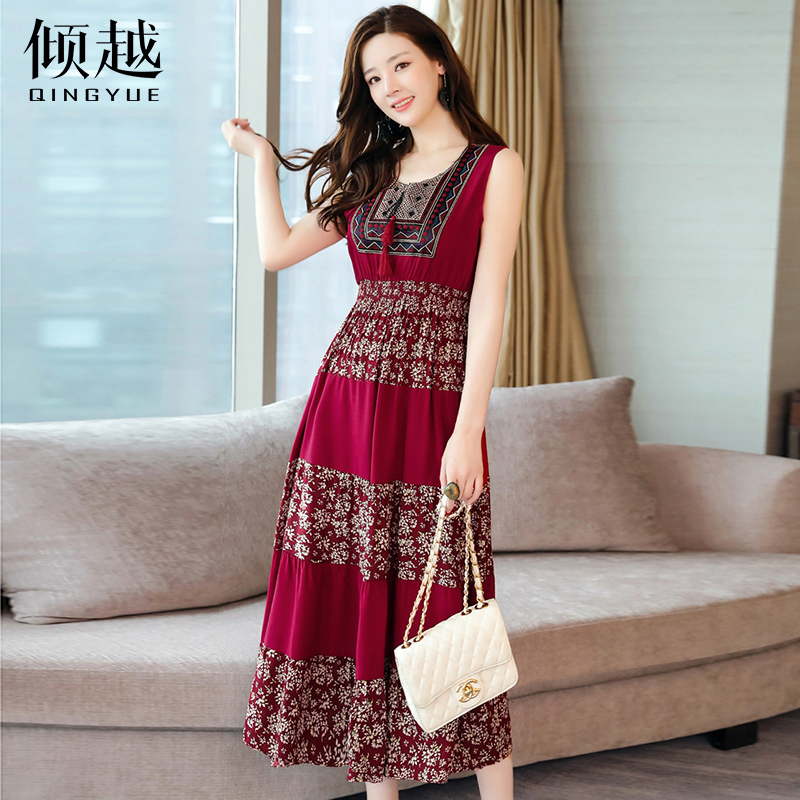 傾越韓版文藝顯瘦長裙女2017春裝新款無袖復古印花系帶大擺A字裙