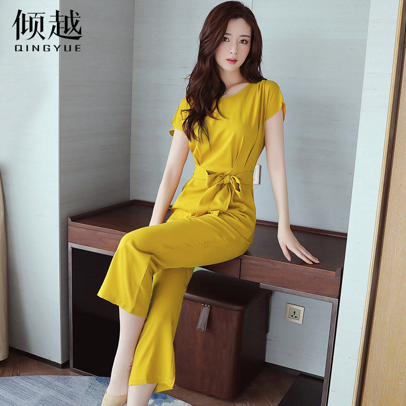 連體褲女夏2017新款韓版高腰顯瘦闊腿九分休閑系帶連衣褲連身褲潮