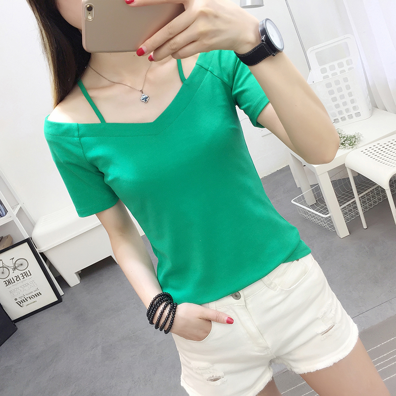 夏裝韓版漏肩純色v領t恤女短袖打底衫心機半袖體恤短款上衣潮