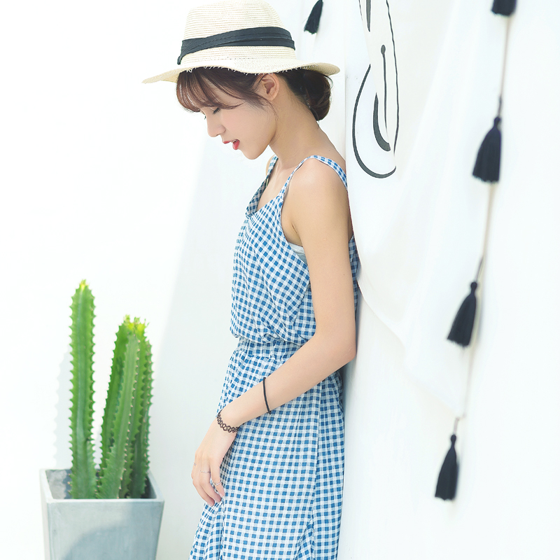 夏裝新款韓版女裝顯瘦藍色格子連衣裙中長款吊帶學院風裙子潮