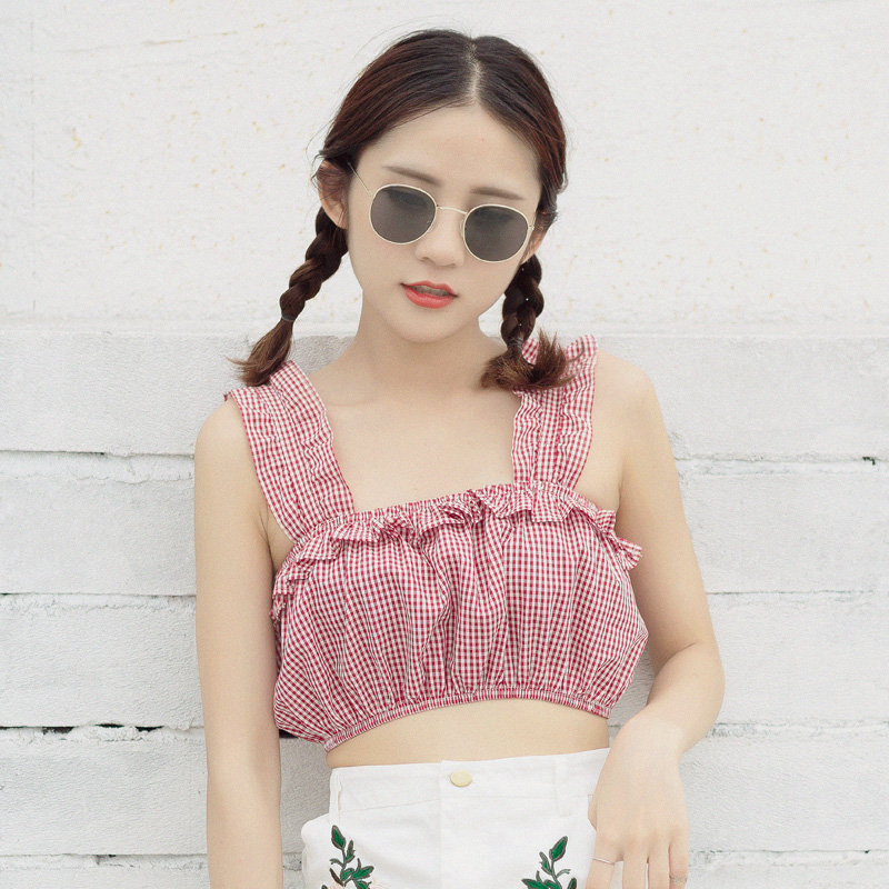 夏季復古韓國少女純色內搭抹胸式松緊褶皺荷葉邊吊帶打底背心