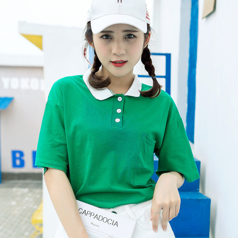 韓版帥氣BF風polo衫字母印花五分袖T恤女夏寬松學生純色短袖上衣