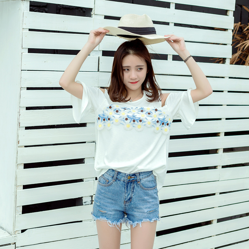 春夏裝韓版女裝新款學生寬松露肩上衣刺繡荷葉邊短袖雪紡衫潮