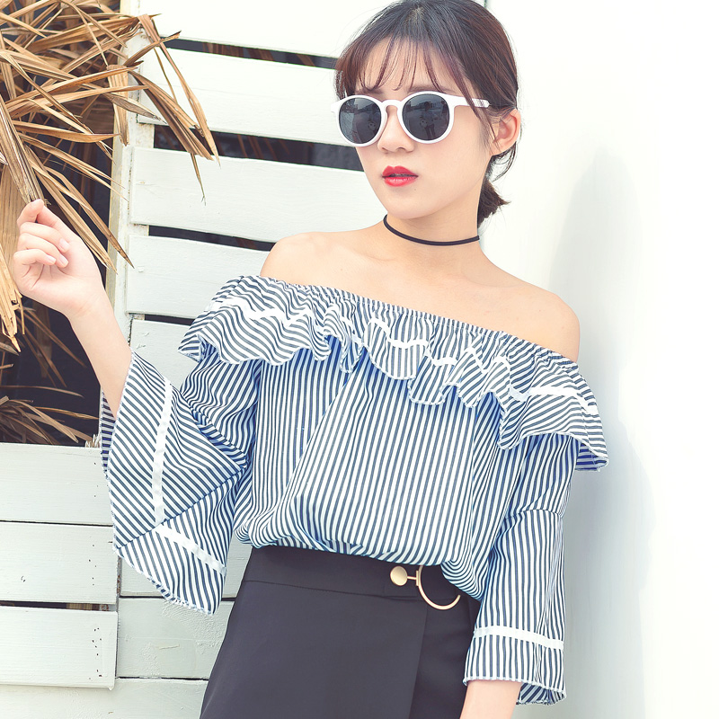 夏裝新款韓版女裝一字領漏肩襯衫喇叭袖荷葉邊條紋襯衣上衣潮