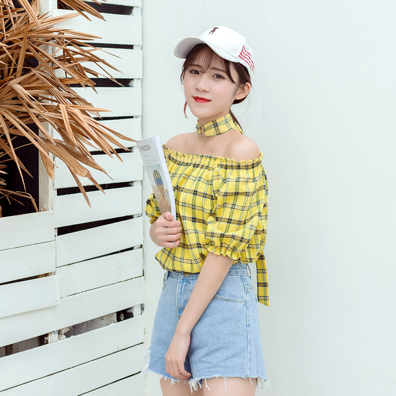 夏裝新款女裝韓版一字領露肩短袖格子襯衫學生百搭襯衣上衣潮