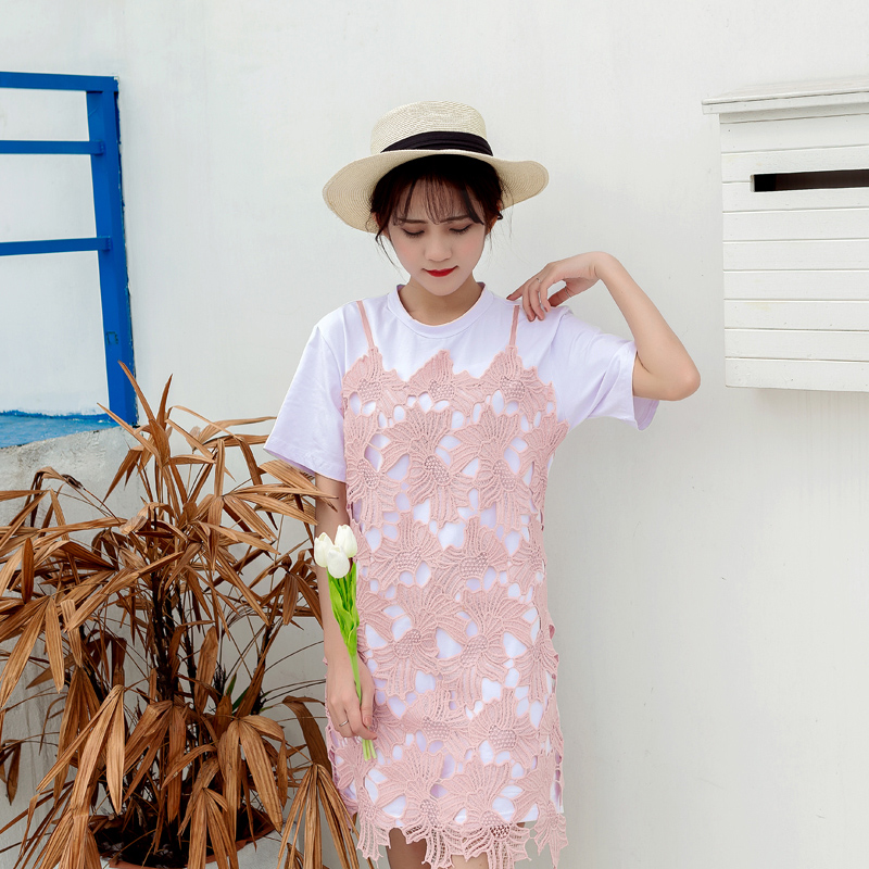 韓版連衣裙女夏裝新款女裝中長款短袖雷絲甜美拼接學生裙子潮