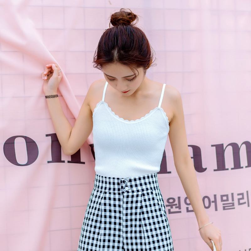 新款夏季韓版女裝百搭無袖修身短款簡潔針織吊帶背心白色小衫