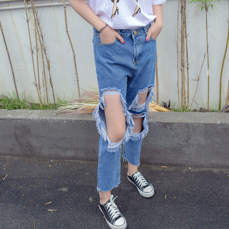 春夏季韓版純色毛邊破洞牛仔褲女寬松九分褲顯瘦褲子潮學生