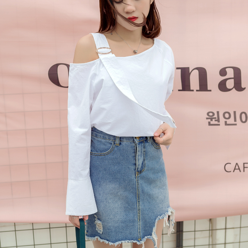 春夏裝新款韓版女裝學院風白色襯衫一字領露肩吊帶襯衣上衣潮
