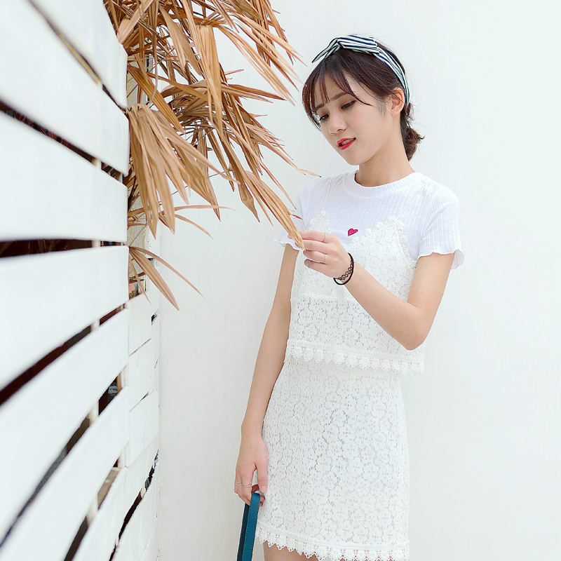 蕾絲時尚套裝夏裝新款女裝韓版短袖上衣包臀半身裙氣質兩件套