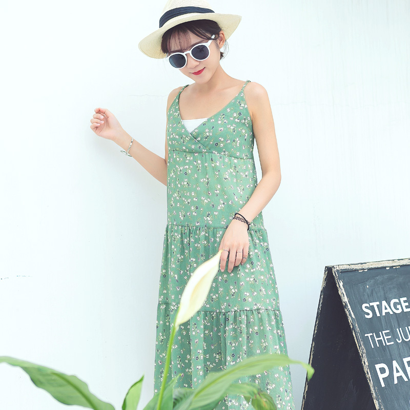 夏季新款女裝小清新甜美碎花連衣裙韓版中長款吊帶雪紡裙子潮