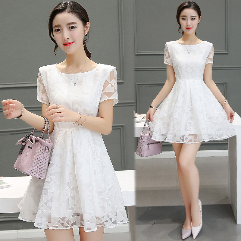 夏裝新款連衣裙修身韓版歐根紗短袖高腰裙子a字裙蓬蓬裙女裝