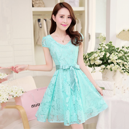 夏裝新款 韓版修身淑女連衣裙 中長款蕾絲雪紡公主裙時尚女裝