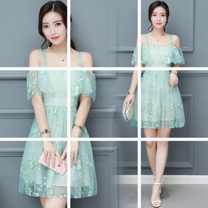 性感露肩吊帶裙款夏季小清新仙女蕾絲碎花雪紡連衣裙女中長款