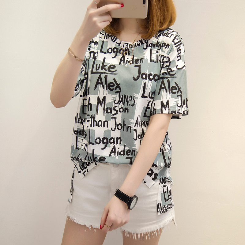 夏裝新款女裝t恤女短袖韓版涂鴉字母寬松體恤衫百搭上衣女夏