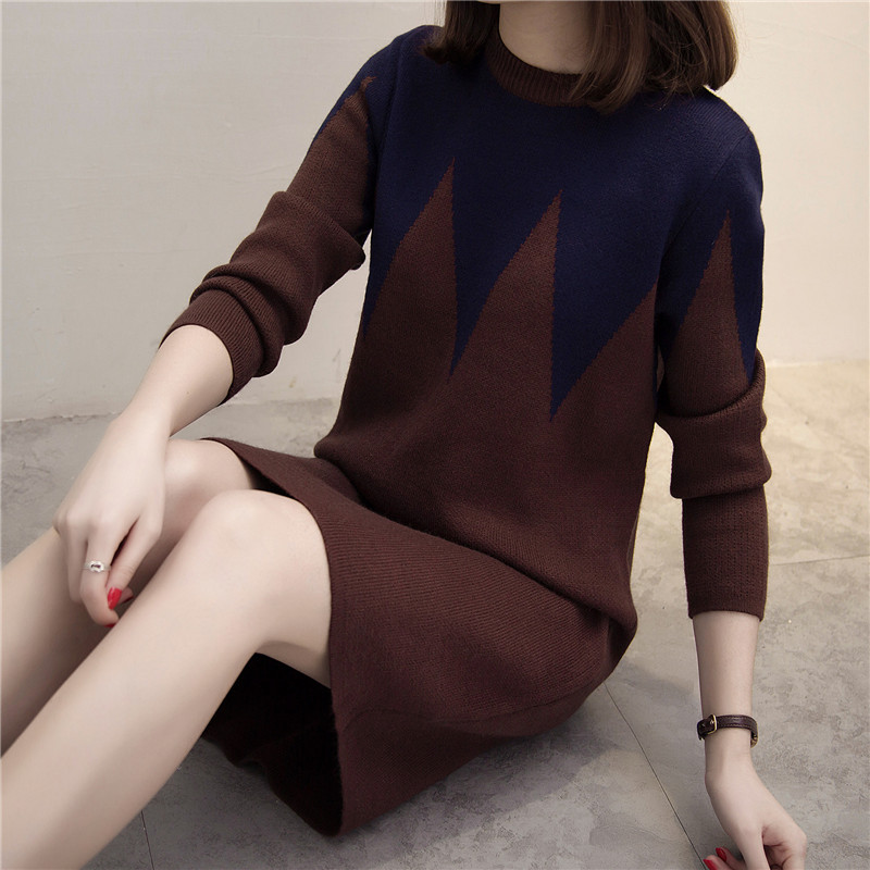 拼色長款針織衫套頭打底長袖韓版寬松毛衣女秋冬季女裝新款潮